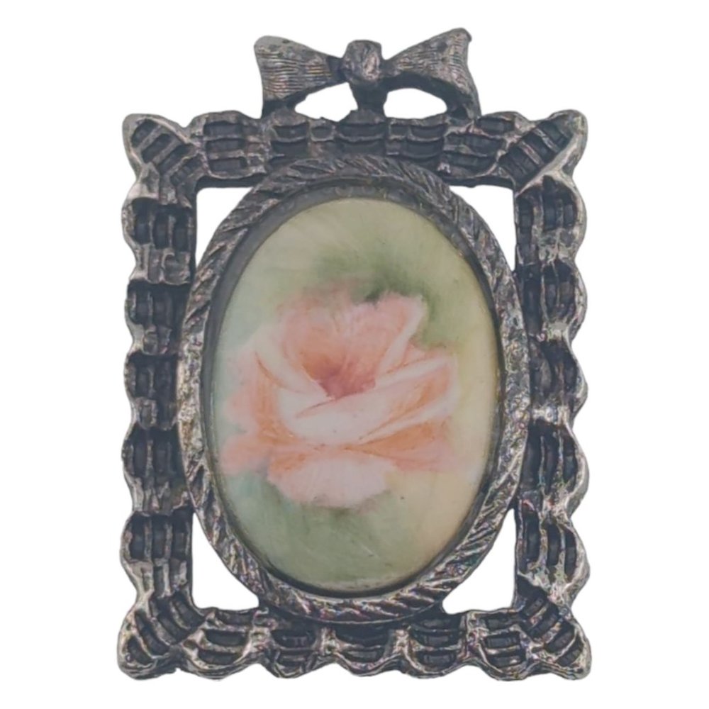 VTG Brooch Pendant Ceramic Floral Cameo Rose Transfer Silver Tone Frame Bow